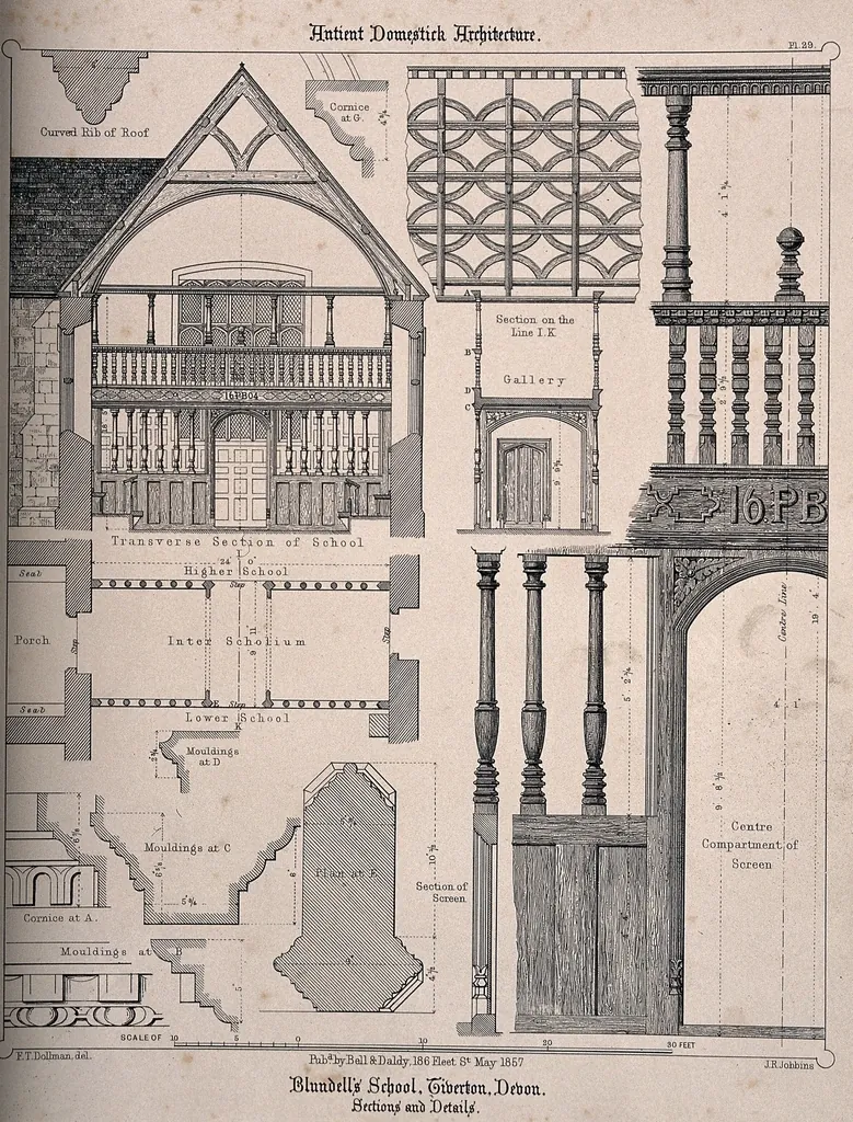 Grabado técnico antiguo con cortes y detalles constructivos de una edificación